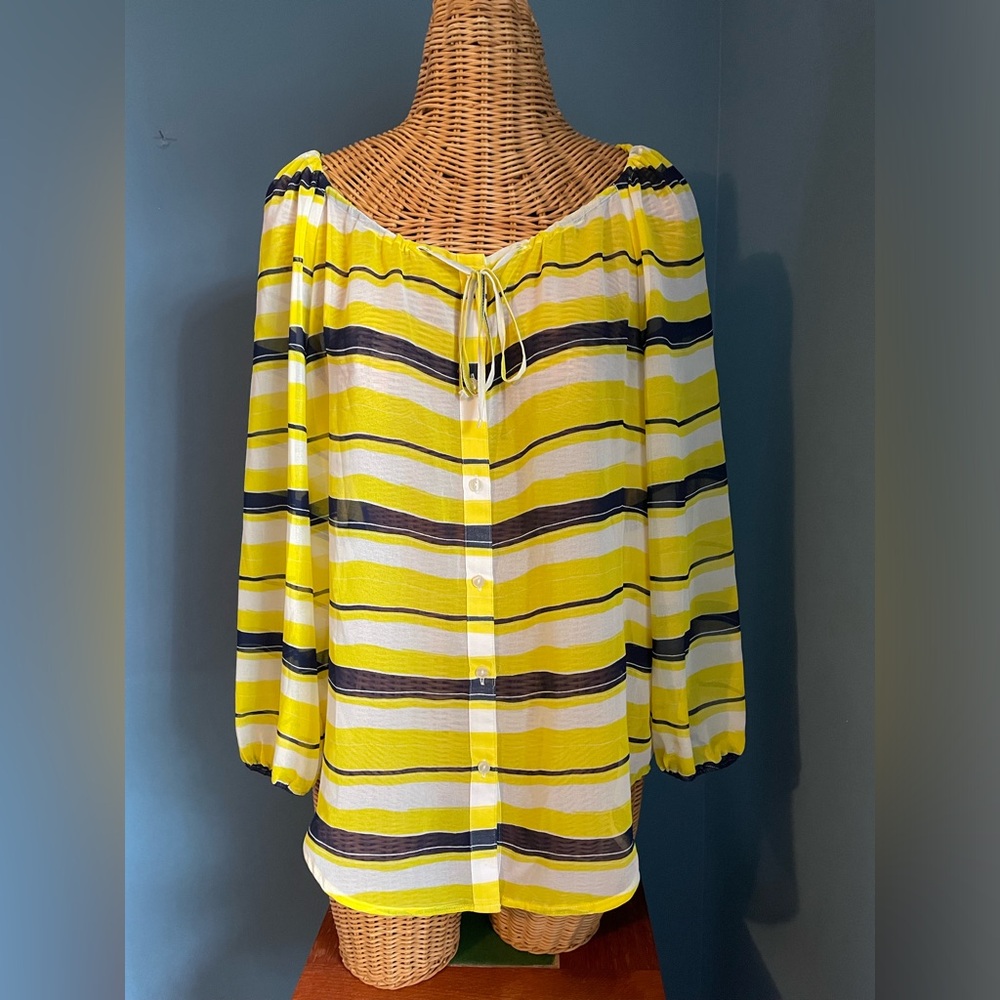 Ann Taylor Striped Sheer Blouse. 3/4 length sleeve. Blue, yellow & white. Size M